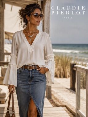 Claudie Pierlot Paris Ivory V Neck Tunic Blouse Smocked Sleeve French  Size 38